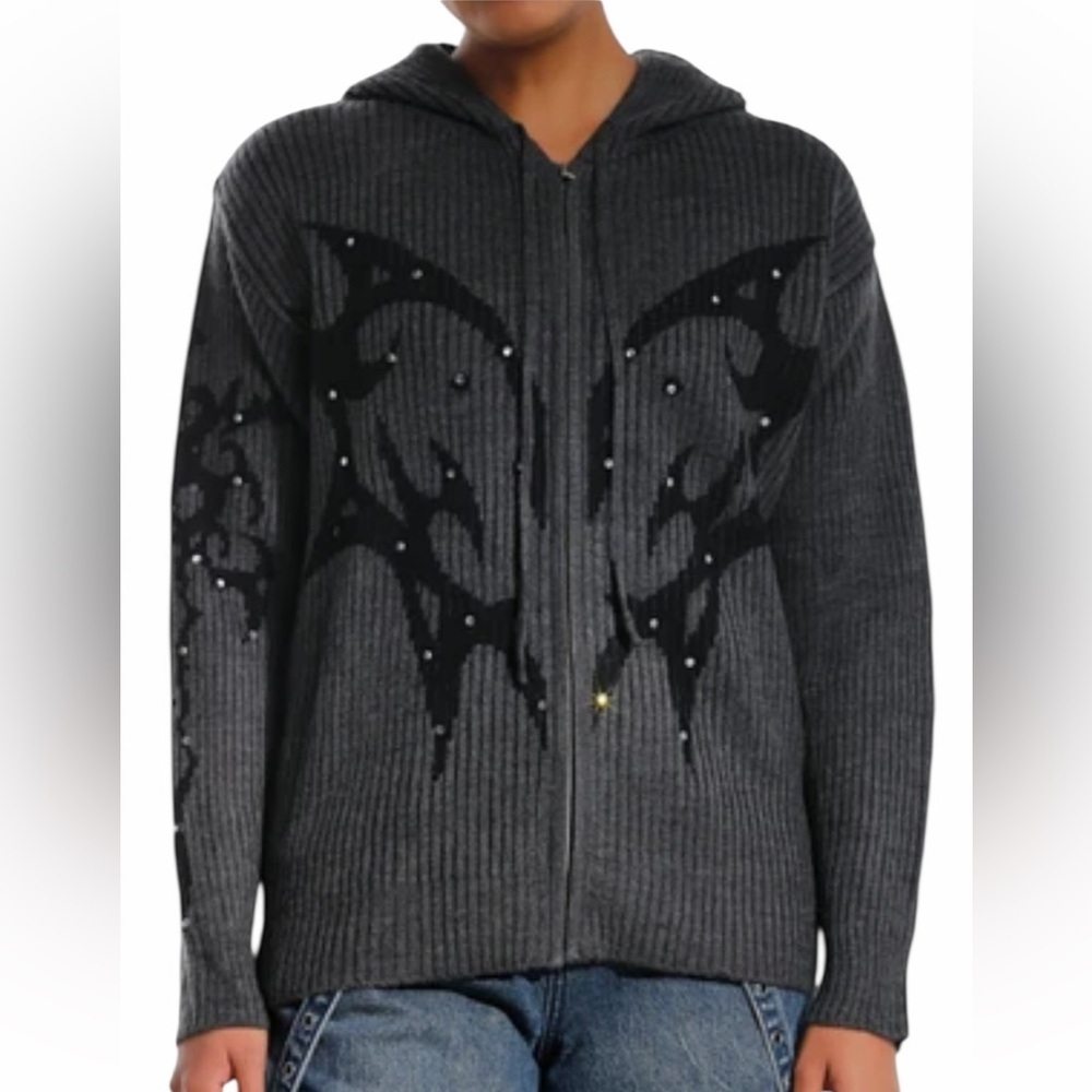 Hot Topic Social Collision Ombre Full Zip Heart Rhinestone Hoodie Medium Grey
